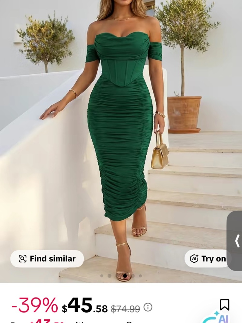 Off-Shoulder Ruched Midi Dress in Emerald Green